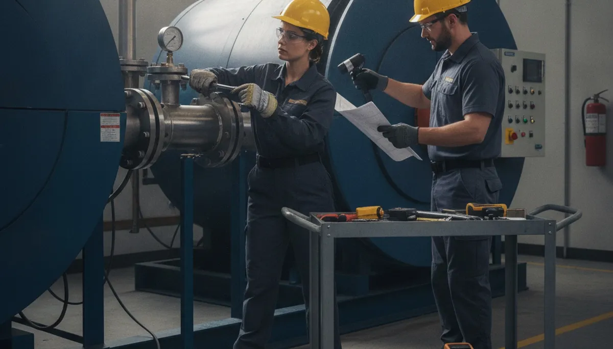 Boiler repair technician servicing a heating system in Lynchburg, VA for On Call Plumbers
