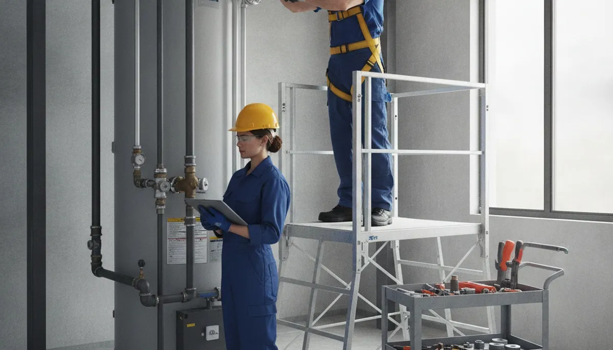 Water heater repair technician in Lynchburg, VA servicing a residential unit for same-day plumbing help